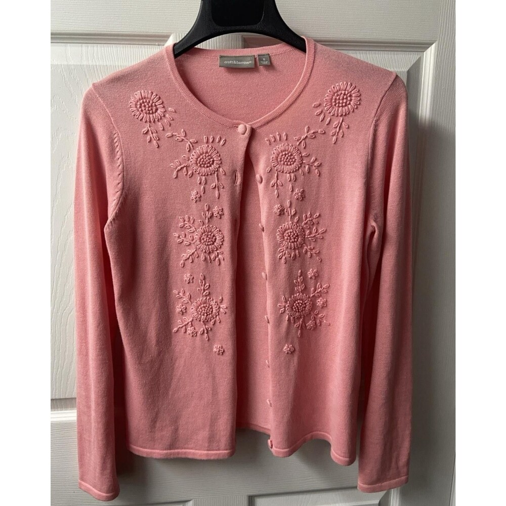 Croft And barrow Cardigan Womens Small Pink Embroidered Button Front Floral